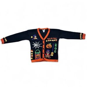 Vintage 90s Halloween Black and Orange Embroidered Youth Holiday Unisex Cardigan